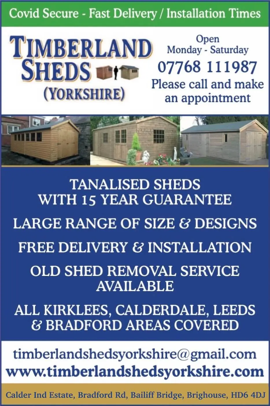 An advertisment for timberland sheds